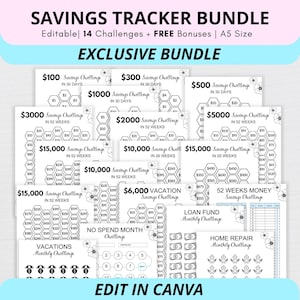 Monthly Savings Challenge Trackers, A5 Savings Challenge, Savings Tracker, Monthly savings challenge printable, Set of 21