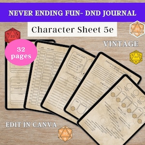 Puede incluir: Una hoja de personaje de estilo vintage para Dungeons and Dragons 5ª edición. La hoja está diseñada para ser editada en Canva e incluye 32 páginas. La imagen muestra un primer plano de la hoja de personaje con un título que dice "Never Ending Fun - DND Journal Character Sheet 5e Vintage".