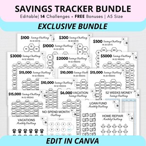 Money Saving Challenge, Savings Tracker Printables, Savings Tracker Bundle, Money Saving Challenge Printable, 5k Savings Challenge chart