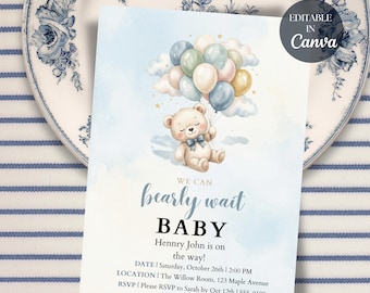 Editable Brown Bear Balloon Baby Shower Invitation, We Can Bearly Wait Baby Shower Invite, Blue Boy Boho Bear Baby Shower Printable