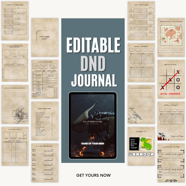 65 Page Digital D&D Character Journal with complete Character Sheet for Dungeons and Dragons (Fillable PDF / GoodNotes / Printable)