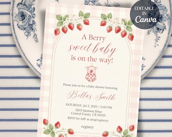 Strawberry Baby Shower Invitation, Watercolor Gingham Template (Editable Canva)