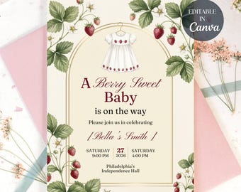 Editable Berry Sweet Baby Shower Invitation Template, Strawberry Baby Shower Invite, Pink Girl Baby Shower,Canva Invitation,Instant Download