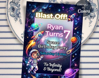 Neon Space Birthday Invitation, Editable Canva Template, Galaxy Rocket Party Invite