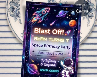 Space Birthday Invitation, Astronaut Galaxy Theme, Editable Canva Template (Digital Download)