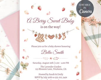 Strawberry Baby Shower Invitation, Berry Sweet Boho Theme, Editable Template (Canva)