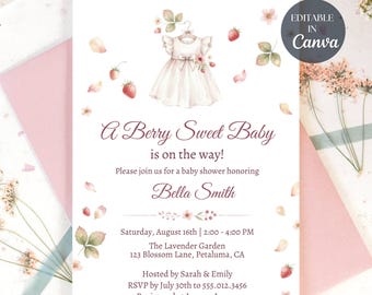 Berry Sweet Strawberry Baby Shower Invitation, Watercolor Floral (Digital Download)
