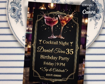 Elegant Black Cocktail Birthday Invitation, Adult Party Invite (Digital Download)