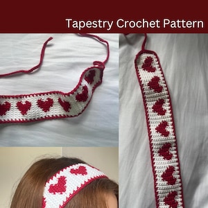 Puede incluir: Patrón de crochet para diadema de corazón rojo. Diadema blanca con corazones rojos tejidos en el diseño. La diadema se muestra en una modelo con cabello castaño.