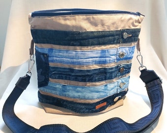 Upcycled Jeans Patchwork Bag, Denim Bag, Recycled Jeans Shoulder Bag, Eco Friendly Shopping Bag, Jeans Stripes
