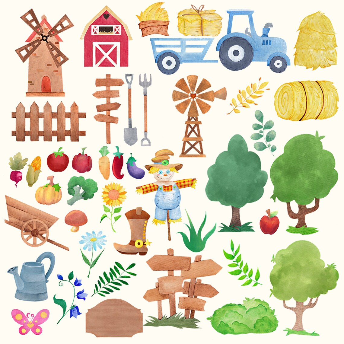 Cute Farm Clipart | Farm Animals Watercolor Farm Digital Clip Art, Farm ...
