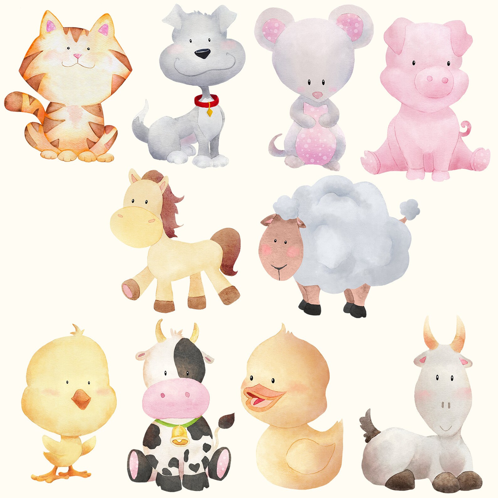 Cute Farm Clipart Farm Animals Watercolor Farm Digital Clip Art, Farm ...