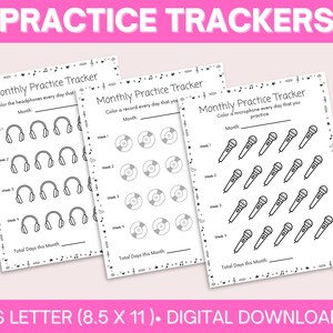 Puede incluir: Tres plantillas de seguimiento de práctica imprimibles para músicos. Cada plantilla presenta un instrumento diferente: auriculares, un disco y un micrófono. Las plantillas están diseñadas para usarse durante un mes, con un espacio para colorear un símbolo por cada día de práctica. Las plantillas están etiquetadas como "Monthly Practice Tracker" e incluyen el texto "Total Days this Month".