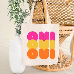 OUI French Canvas Shopping Tote Minimalist style tote French shoulder bag Parisian style pink organge yellow tote gift for girlfriend bag