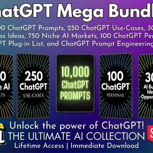 ChatGPT Mega Bundle 10,000 Prompts Use-Cases AI Business Ideas Plug-in List Prompt Engineering eBook and Personas Instant Access image 1