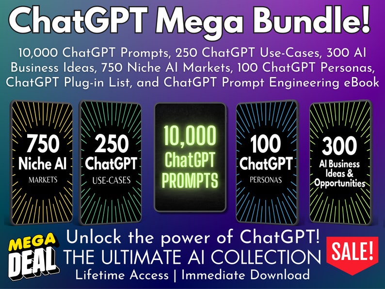 ChatGPT Mega Bundle 10,000 Prompts Use-Cases AI Business Ideas Plug-in List Prompt Engineering eBook and Personas Instant Access image 1