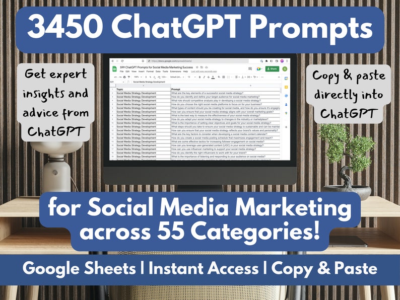 3450 ChatGPT Prompts for Social Media Marketing TikTok Facebook Pinterest Twitter Instagram Instant Access Copy and Paste image 2