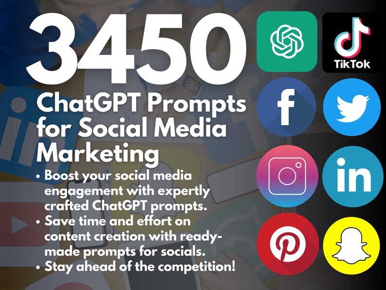 3450 ChatGPT Prompts for Social Media Marketing TikTok Facebook Pinterest Twitter Instagram Instant Access Copy and Paste image 1