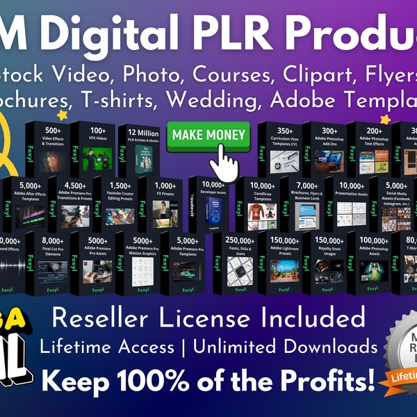 Paquete PLR de Mega Digital Products / Más de 15 millones de archivos / Libros electrónicos / Archivos Adobe / Fotos y videos de archivo / Publicaciones en redes sociales / Herramientas para desarrolladores