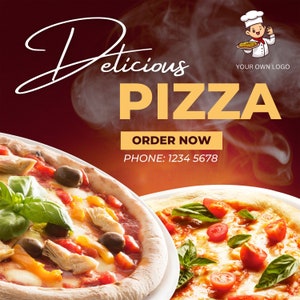 May include: Two pizzas with different toppings. One pizza has red sauce, cheese, artichoke hearts, olives, and yellow peppers. The other pizza has red sauce, cheese, and cherry tomatoes. The text on the image says "Delicious Pizza" and "Order Now" with a phone number.