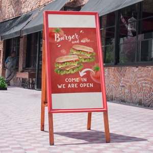 Cartel publicitario / Banner - Hamburguesa y más ... / Entra, estamos abiertos - ¡para tu propia impresión!