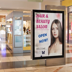 Póster/banner publicitario - Peluquería y salón de belleza - OPEN NOW - para su propia impresión digital