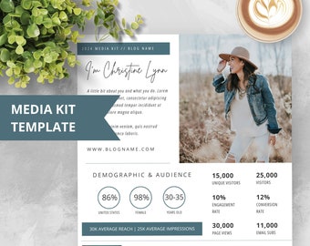 1 Page Media Kit Template for Bloggers and Influencers. Simple, Easy-to-Use,  and Professional. Editable in Canva. Navy and White.