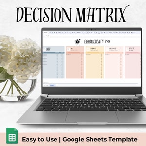 May include: A laptop computer displaying a Google Sheets template titled "Productivity Pro: Decision Matrix". The template is divided into four sections: "Do", "Schedule", "Delegate", and "Delete". Each section has a list of checkboxes for users to mark off tasks.