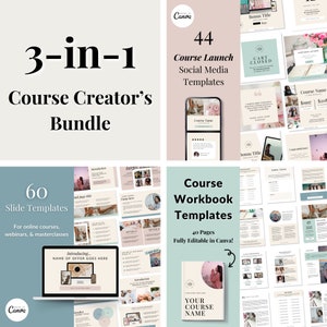 May include: A digital product bundle for course creators, featuring 60 slide templates, 44 social media templates, and 40 course workbook templates. The templates are fully editable in Canva and feature a pink and green color scheme.