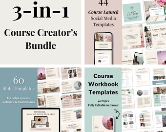 3-in-1 Course Creator Template Bundle: Course Workbook, Course Slide Deck, Course Launch Social Media Templates.
