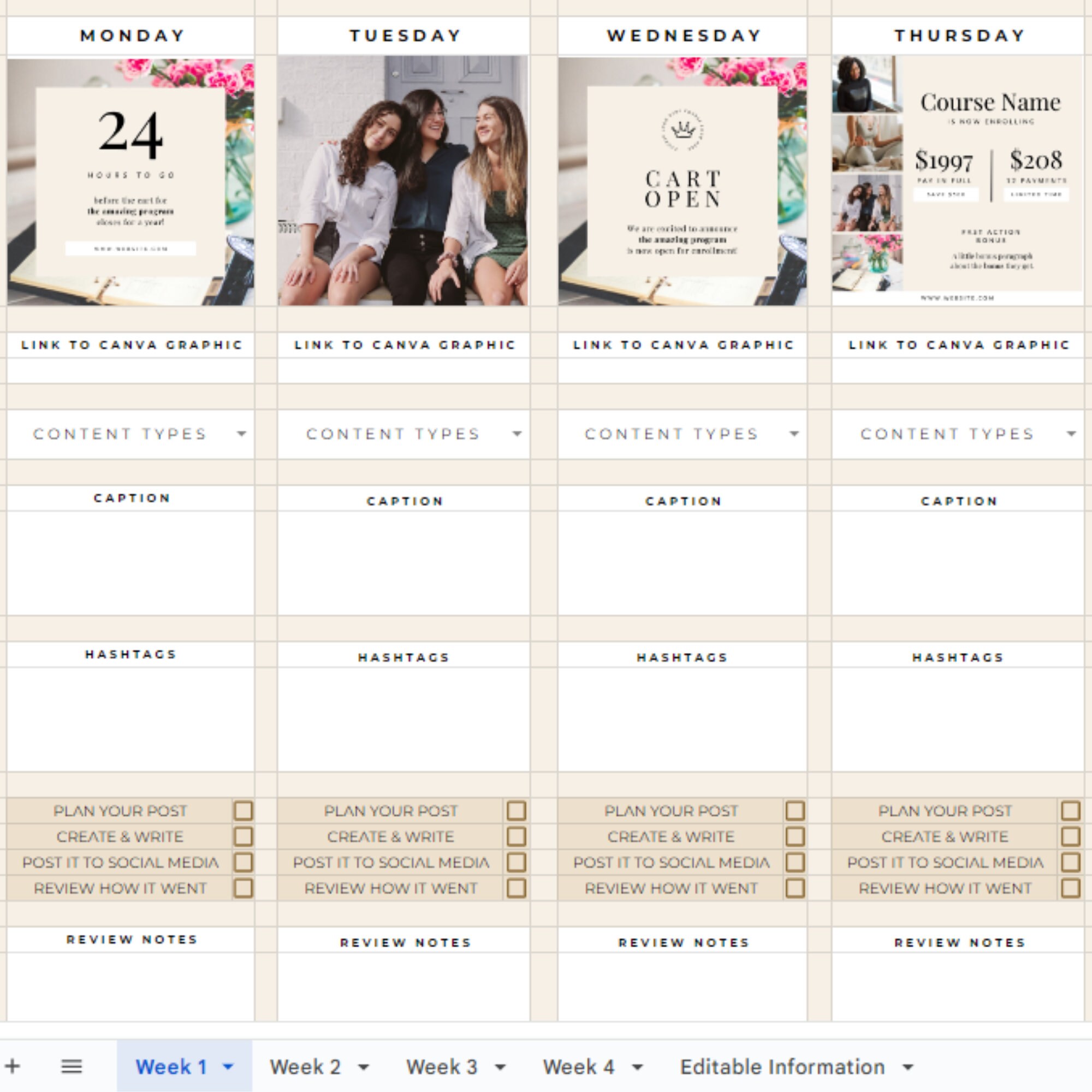 Social Media Content Planner Google Sheets Spreadsheet. Simple Daily ...
