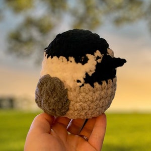 May include: A crocheted stuffed bird with black, white, and gray fur. The bird has a small black beak and white eyes.