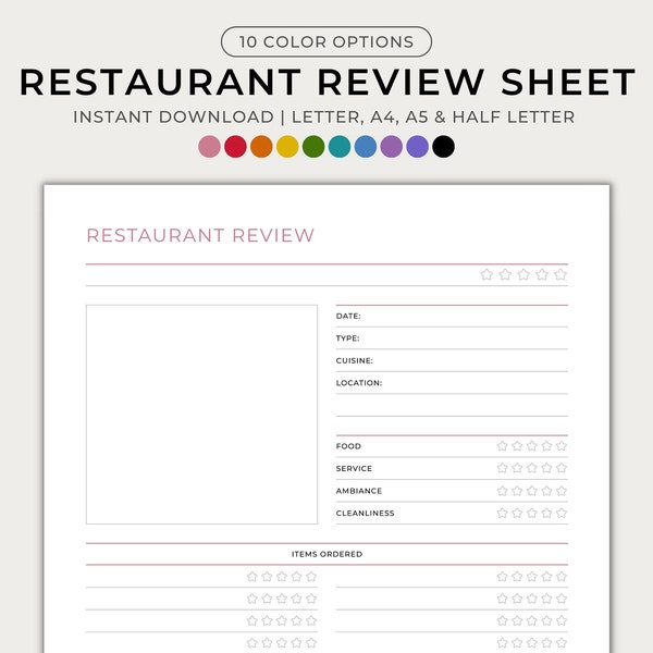 Restaurant Review Sheet, Printable, Minimal, Menu Planner, Recipe Planner, Food Journal, Food Diary, Reviews, Letter, A4, A5, Half Letter