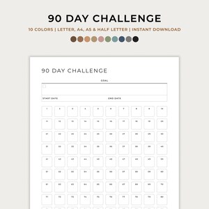 Desafío de 90 días, Plan de acción, Establecimiento de objetivos, Formación de hábitos, Seguimiento del progreso de los objetivos, Imprimible, Digital, Carta, A4, A5, Media página