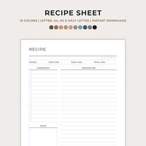 Receptenblad, receptenboeksjabloon, kookboek, dagboek, receptenkaart, blanco receptenpagina, A4, A5, brief, helft, afdrukbare pdf, direct downloaden