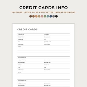 Creditcardinformatietracker, afdrukbaar, creditcardlogboek, financieel dagboek, financiële planner invoegsjabloon, A5, A4, Letter, helft, pdf