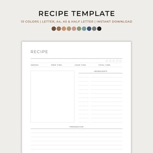 Receptsjabloon, receptenboeksjabloon, kookboekdagboek, receptenkaart, blanco receptenpagina, A4, A5, brief, helft, afdrukbaar, direct downloaden