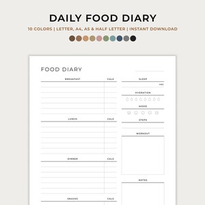 Diario de comidas diarias, entrada de diario de comidas diarias, registro de calorías, plan de entrenamiento, salud, A4, A5, carta, media página, PDF imprimible, descarga instantánea