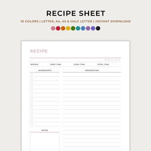 Receptenblad, receptenboeksjabloon, kookboek, dagboek, receptenkaart, blanco receptenpagina, A4, A5, brief, helft, afdrukbare pdf, direct downloaden