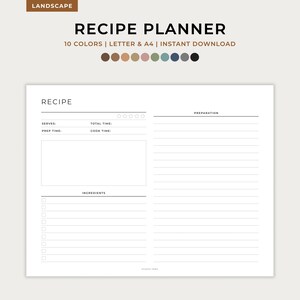 Receptplanner, receptenboeksjabloon, kookboekdagboek, receptenkaart, blanco receptenpagina, A4, A5, brief, half, afdrukbaar, direct downloaden