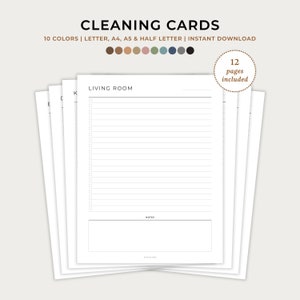 Schoonmaakkaarten, schoonmaakkaarten, schoonmaakchecklist per kamer, schoonmaakplanner, schoonmaaksjablonen, A4, A5, Letter, Half