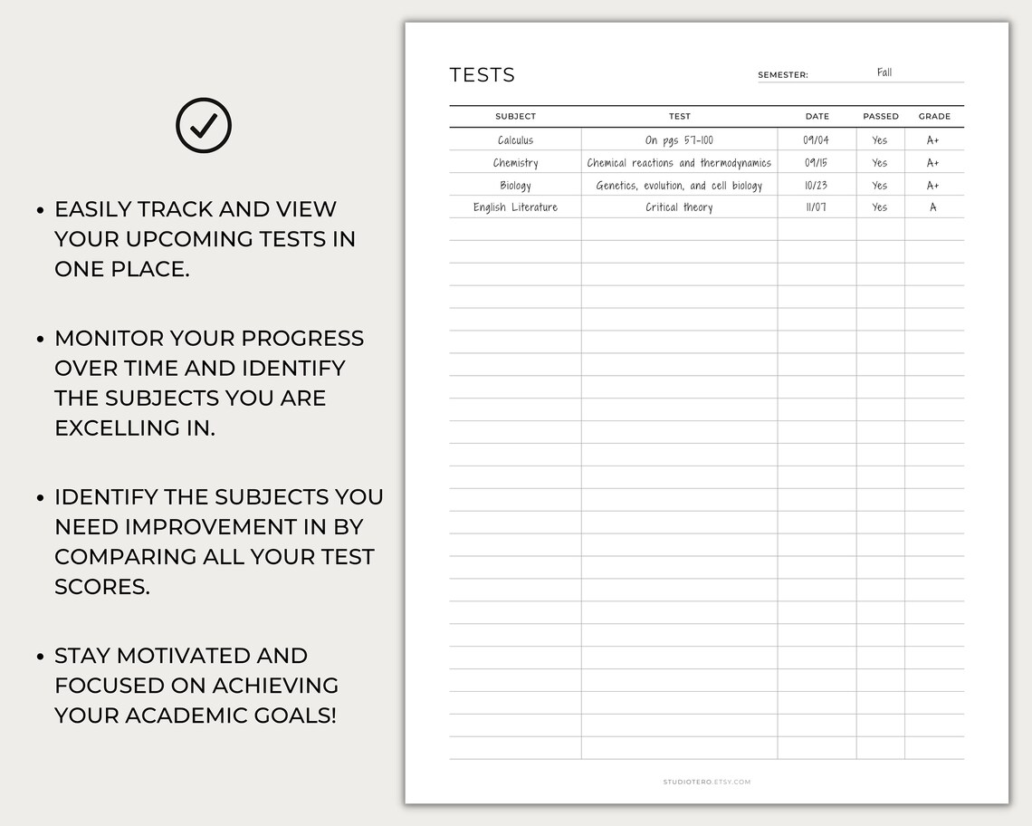 Tests Tracker, Printable, Minimal, Exams Tracker, Study Planner, Exam