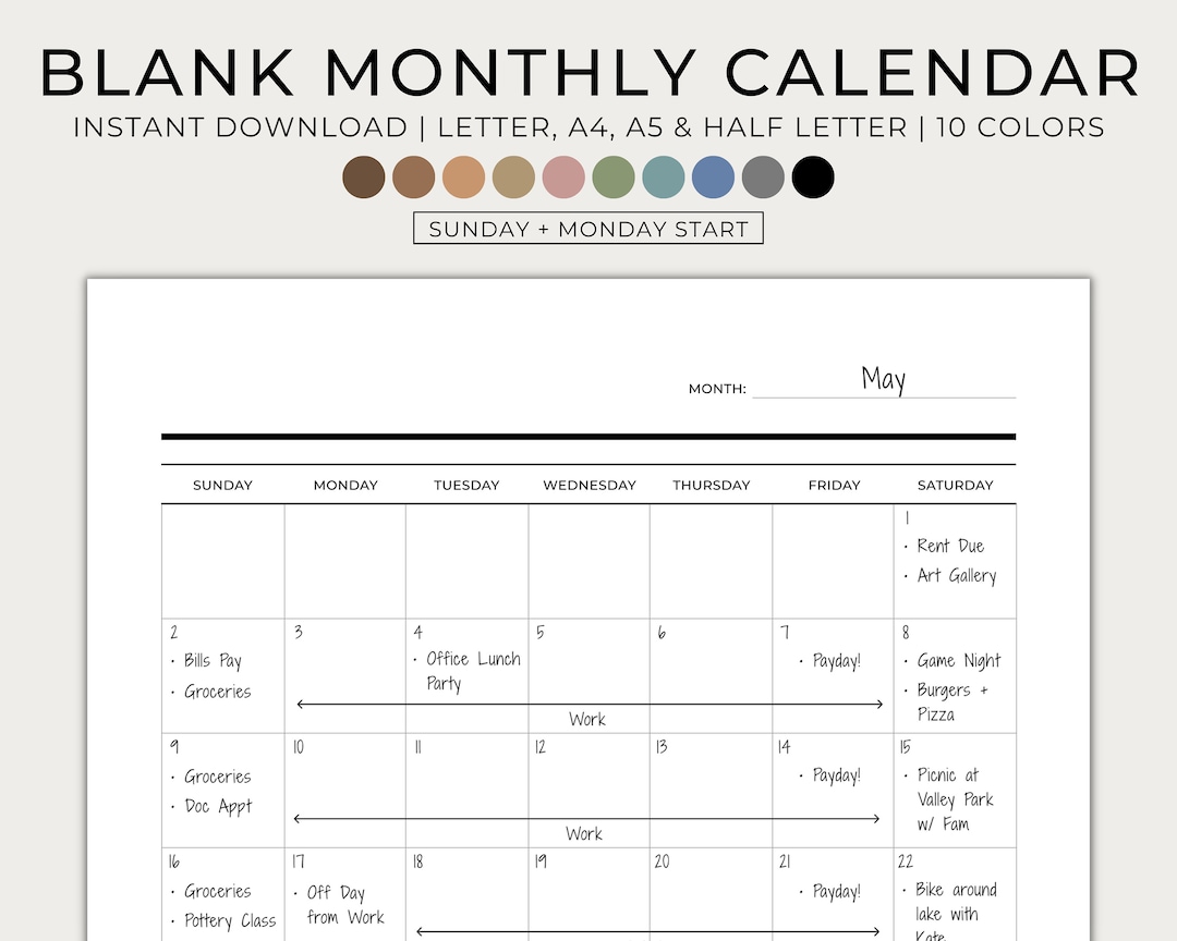 Blank Monthly Calendar, Printable, Undated Calendar, Minimal ...