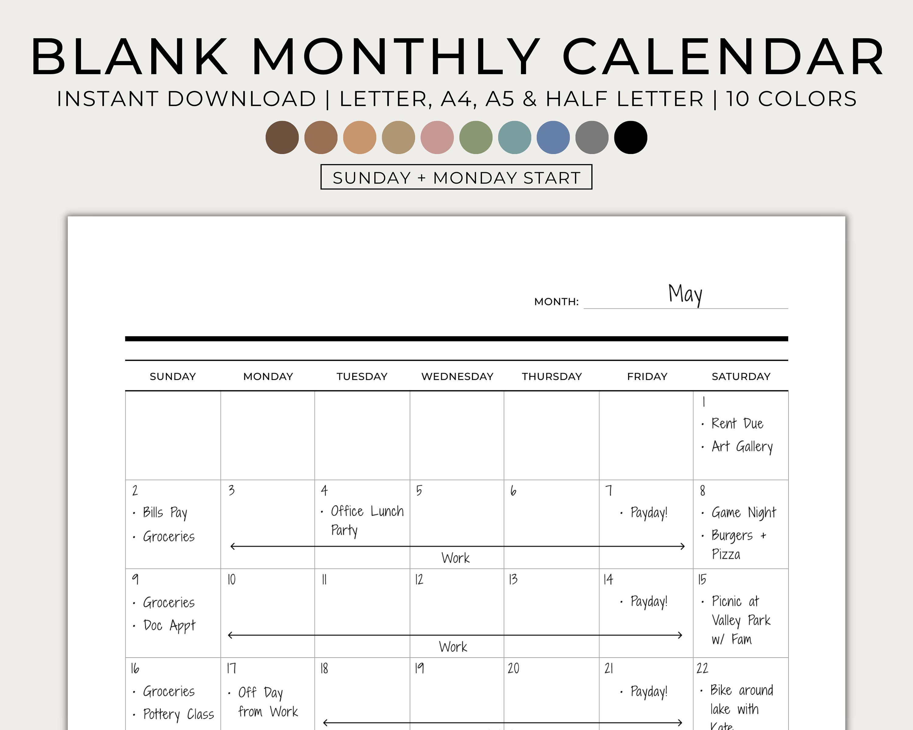 Blank Monthly Calendar, Printable, Undated Calendar, Minimal ...