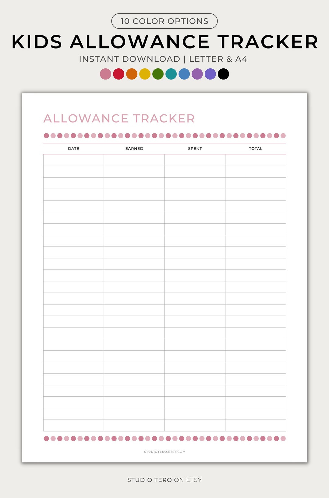 Kids Allowance Tracker, Printable, Minimal, Kids Allowance Log, Kids ...