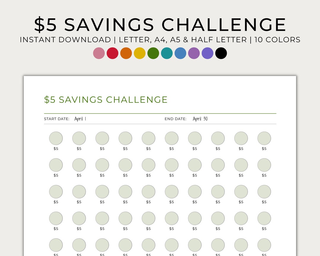 5 Dollar Savings Challenge, Printable, Minimal, 5 Dollar Bill Challenge ...