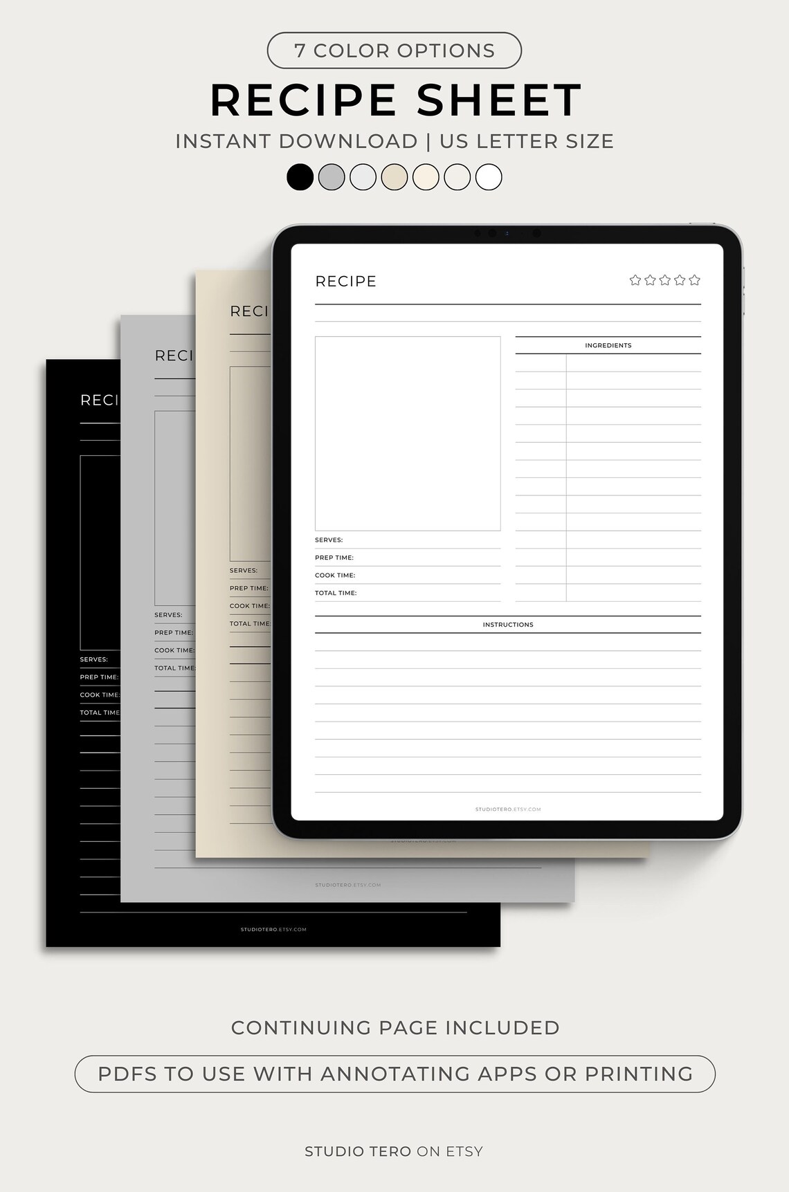 Recipe Sheet, Printable, Minimal, Cooking Planner, Recipe Planner, Food ...