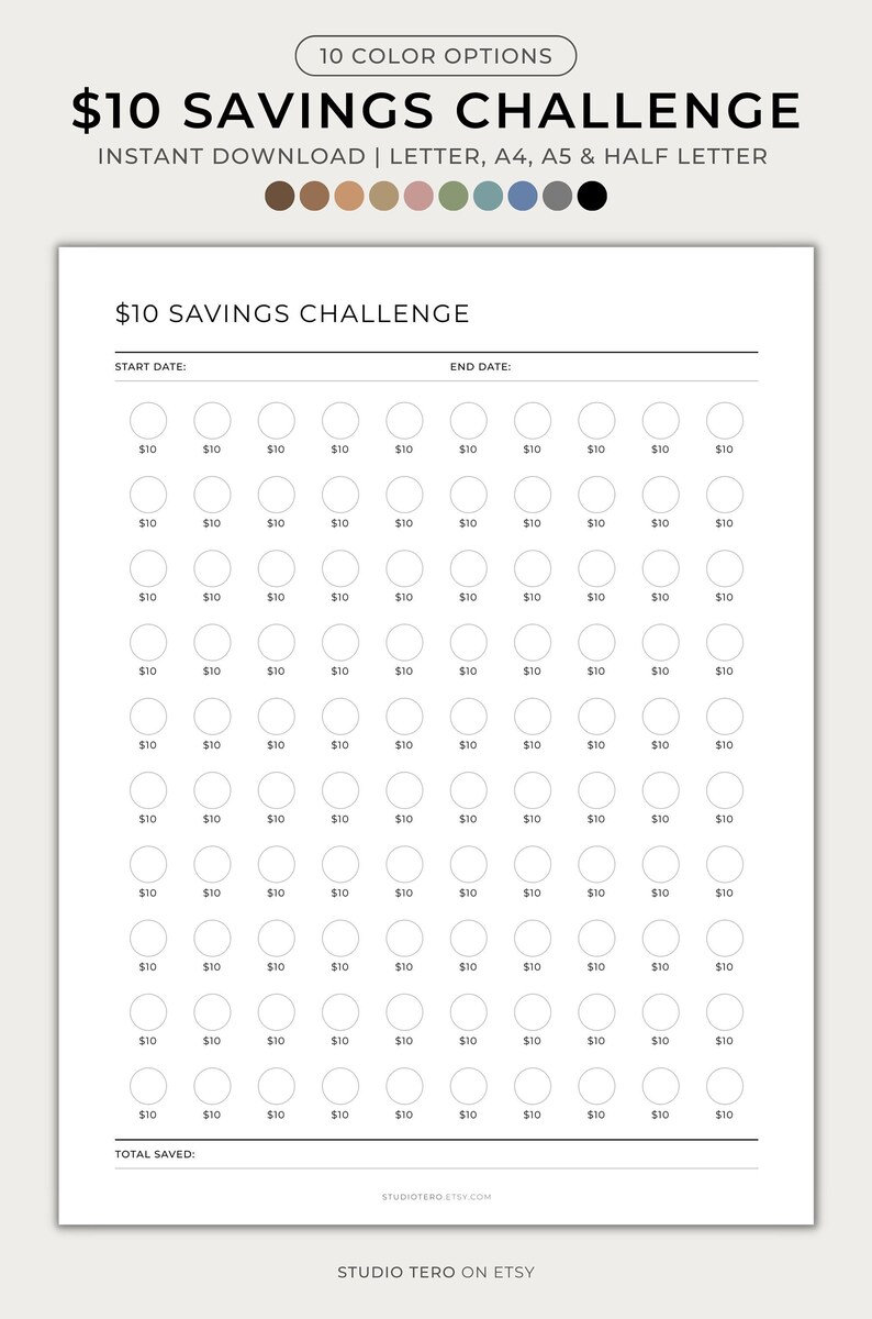 10 Dollar Savings Challenge, Printable, Minimal, 10 Dollar Bill ...