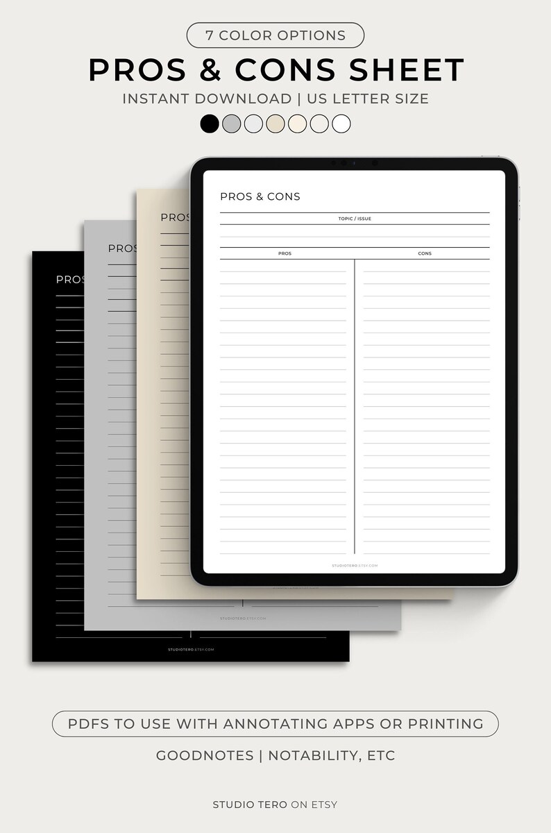 Pros &amp; Cons Template Printable Minimal Pros and Cons List - Etsy
