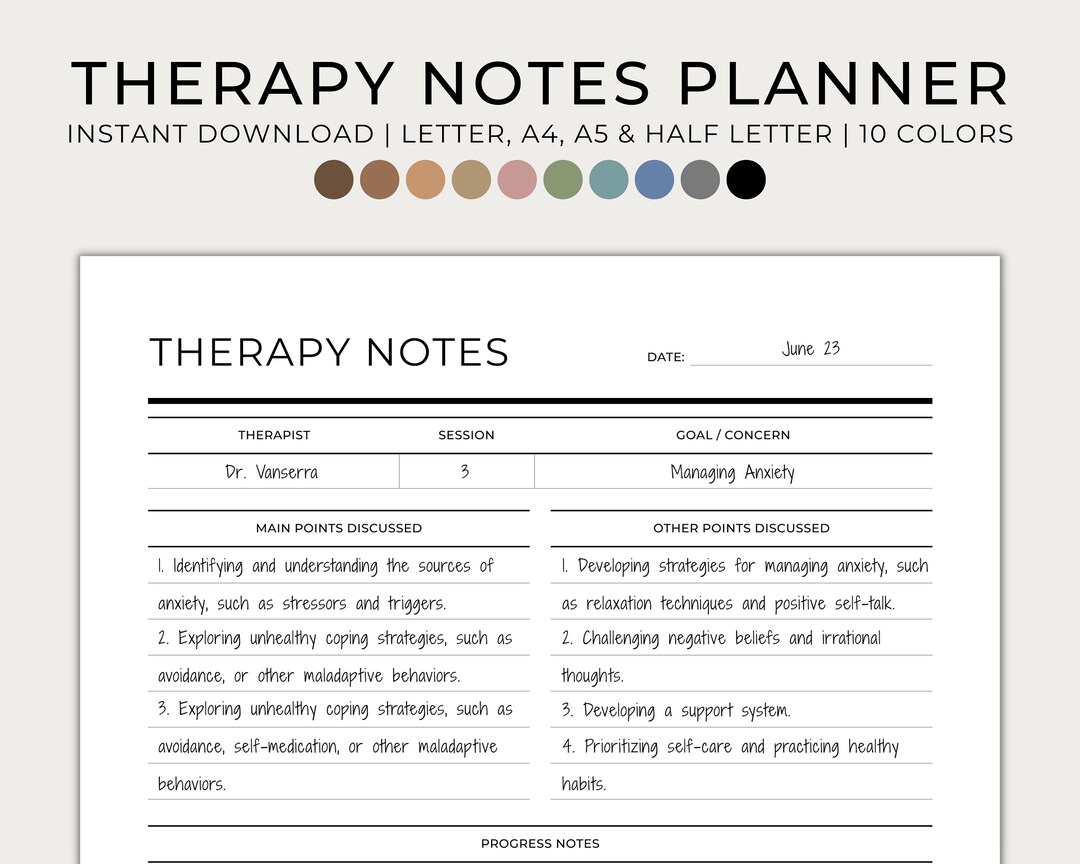 Therapy Notes Planner, Printable, Minimal, Self Care Planner, Progress ...